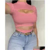 T-shirt pour femmes T-shirts d'été pour femmes Couleur unie Pit Strip Vide Sexy T-shirt creux à manches courtes Top Drop Delivery Vêtements Clothin Dhxid