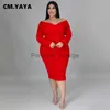 Sıradan Elbiseler Cmyaya Sonbahar Kış Artı Boyutları Omuz Kapalı Omuz Uzun Kollu Daldırma Vneck Bodycon Midi Elbise Zarif Seksi Parti Elbiseleri X0625