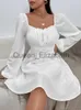 Casual Dresses SRUBY White Dress Women Pullover Square Neck Long Sleeve High Waist Lace A-line Dress Tweed Frill Trim Knot Back Winter Dress J230625