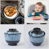 Dinnerware Sets Ceramic Fruit Bowl Soup Japanese Style Miso Noodle 10X10X9.5CM Lid Kitchen Rice Blue Melamine