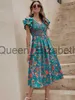 Lässige Kleider Sommer-Midikleid mit Blumendruck, Damenmode, schlankes Strandkleid mit Rüschenärmeln, lässig, elegant, grün, A-Linie, neu in Kleidern 2023 J230625