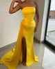 Elegant Yellow Evening Gown Black Girl Strapless Split Party Prom Dresses Pleats Formal Long Dress for red carpet special occasion