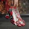 Dress Shoes Red Rose Flower Printing Wedding Woman Luxury Round Crystal Buckle High Heel Pumps Sposa Chunky Heels