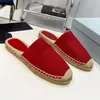 Luxury Casual Shoes Women Straw Flats Cotton Dirll Espadrilles Summer Woman Flat Beach Half Slippers Fisherman Shoes Fashion Loafers Lace with Box