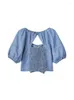 Damesblouses Dames 2023 Dames Retro Wash Blauw Crop overhemd V-hals Pofmouwen Geplooid Hol Design Denim Vintage Onregelmatig Gezellig