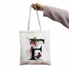Сумка для покупок сумки цветок из 26 букв Kawaii Print Canvas Cool Shopper Black White Women Fashion Tote Tote