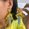 Orecchini a bottone Nappa lunga Fiore placcato oro Perline Boho Fashion Ear