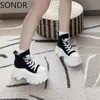 Womens Platform Canvas Round Toe Sneakers Chunky High Heel High Top Sport Casual Shoes Lace Up Black White New2023