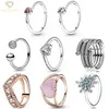 925 Argent Femmes Fit Pandora Bagues Original Coeur Couronne Bague De Mode Solitaire Rose Tourbillon Émail Océan Givré Ouvert