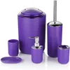 Ensembles violet 6 pièces en plastique accessoires de salle de bain ensemble porte-brosse à dents brosse à dents tasse distributeur de savon porte-savon brosse de toilette poubelle