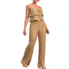 Women's Two Piece Pants Summer Women Outfits Solid Color Tiered Ruffles Camisoles Tank Tops Elastic Waist Wide-Leg Set