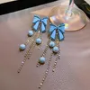 Orecchini a bottone Goccia di fiocco blu dolce estate per le donne Nappa lunga Perline di cristallo Regali di gioielli per feste