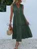 Sukienki swobodne sukienki bez rękawów Kobiety Letni Soild V Szyjka Buttons Ruffle Midi Sukienki 2023 Elegancka moda na plażę luźną sundress J230625
