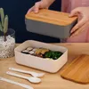 Ensembles de vaisselle récipient de couverture en bois de style japonais avec cuillère Portable micro-ondes boîte à Bento employé de bureau étudiant déjeuner