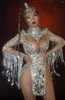 Stage Wear Zilver Glanzende Pailletten Strass Kwastje Sexy Vrouwen Bodysuits Perspectief Pole Dance Kostuum Nachtclub Bar Kleding