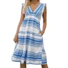 Casual Dresses 2023 Bohemian Striped Cake Dress Fashion Summer V Neck Sundresses For Women Vintage Sleeveless Loose Long