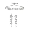 Collana Orecchini Set Lusso Ramo D'ulivo Bianco Zircone Matrimonio Donna Con Bracciale Regolabile Moda Foglia Grande E Set Atacado