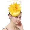 Berets Yellow Formal Satin Hair Fascinator Hat Evening Party Ladies Headpiece Nice Gril Mesh Bridal Wedding With Feathers