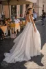 Boho Vestidos de Noiva Vestidos de Noiva Sexy Lado Dividido Berta Renda Aplicado Decote em V Tule Country Western Vestido De Novia