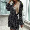 Casual Dresses Southpire A-Line V-Neck Vintage Black Print Dresses Women's Chiffon Long Sleeve Elastic Waist Mini Party Vestidos Sundress J230625