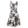 Casual Dresses Fashion Women Black Leaves Printed O-Neck Sleeveless Spaghetti Straps Pullover Elegant Slim Long