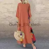 Robes Décontractées Femmes Vintage Maxi Dress Été Solide O Cou Couture Imprimé Manches 3/4 Boutons Latéraux Robes Lâche Casual Robe Longue Plus La Taille J230625