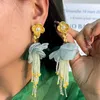 Kolczyki stadnowe długie frędzle złota platowane koraliki kwiatowe boho modne ucho