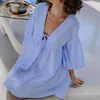 Costumi da bagno da donna Abiti estivi Donna 2023 Abbigliamento da spiaggia Coprire Pigiama di cotone Manica lunga Camicia da notte Tempo libero Abito largo Occupy Home Solid