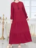 Etnik Giyim Kırmızı Uzun Kollu Maxi Elbise Kadınlar Zarif Abayas Dubai Arapça Türkiye Müslüman Gevşek Çöp Fas Önlükleri İslami Giysiler