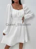 Casual Dresses SRUBY White Dress Women Pullover Square Neck Long Sleeve High Waist Lace A-line Dress Tweed Frill Trim Knot Back Winter Dress J230625