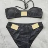 Luksusowe damskie bikini Set seksowne stroje kąpielowe z wiązaniem na szyi czarne rozcięcie wyściełane figi plażowe z krawatem designerski strój kąpielowy
