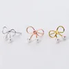 Stud Earrings Genuine 925 Sterling Silver Lovely Bow Pearl Ear Studs Gold Gift Female Sweet Cute Style Jewelry