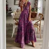 Lässige Kleider Sommer Vintage lange Kleider Frauen 2023 Bohemian Elegant Blumendruck gegen Halsrobe