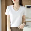 Camisetas de mujer 80 de algodón mercerizado de doble cara, camiseta blanca de manga corta, camiseta holgada de verano para mujer con cuello en V, Color sólido que combina con todo puro