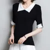 Camisetas de mujer, camisa de punto de manga corta para mujer, cuello vuelto, solapa grande sólida, estilo coreano, moda femenina 6365