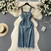 Sıradan elbiseler Kore denim elbise kadın sokak kıyafeti kolsuz tek göğüslü kot pantolon uzun sundress spagetti kayış vestidos