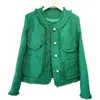 Женские куртки высокого класса французская ретро-твидовый зеленый бомбер.