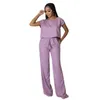 Women's Two Piece Pants Gotoola 2023 Summer Suit Solid Color Cotton And Linen Shirt Elastic High Waist Wide Leg Fashion Casual Two-Piece