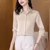 Женские блузки 2023 Silk Coverd Button Button Женская рубашка мода пятно пятно с длинными рукавами женская элегантная сплошная офис