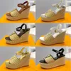 Designer Woman Starboard Wedge Sandals Straw Sandals Open Toe Platform Cowhide Leather Wedge Pumps Straw Bottom Classic Espadrille Ladies With Box