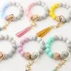 Party Favor Keychain Wooden Tassel String Chain Food Grade Silicone Bead Women Girl Key Ring Wrist Strap Bracelet DD456