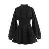 Party Dresses Maybe U-neck Pleated Mini Dress Long Sleeves Black Plaid Fluffy D1420