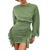 Casual Dresses Women Ladies Sexy Bodycon Dress Mini O-Neck Long Batwing Sleeve Frill Wrap Short Party Club P8DB