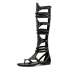 Summer Sandals New Golden Black Women Gladiator Boots Pu Leather Open Toe Knee High Rivet Zip Casual Flat Heel Shoes 230511