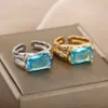 Band Rings Blue Cubic Zircon Stone Ring For Women Stainless Steel Square Geometry Finger Ring Party Accessories Jewelry Gift Bijoux Femme x0625