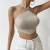 Womens Sexy Hang Neck Lace Up Backless Knitted Vest Slim Cropped Tops Clubwear