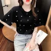 Sommer Perlen Perlen Kurzarm t Shirt Frauen Koreanische Mode Dünne Baumwolle Tops Oansatz S-xl Kleidung L230619