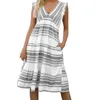 Casual Dresses 2023 Bohemian Striped Cake Dress Fashion Summer V Neck Sundresses For Women Vintage Sleeveless Loose Long