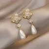 mill price luxury women's female's rhinestone dangler Camellia flower studs lady punk exaggerated long pearls drop earrings eardrop 2colors