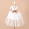 Girl's Dresses Yoliyolei Tiered Layers Tulle Dress Girl Gown Pearls Necklace V Back Design Flower Girl Wedding Clothes for Children Casual 230625